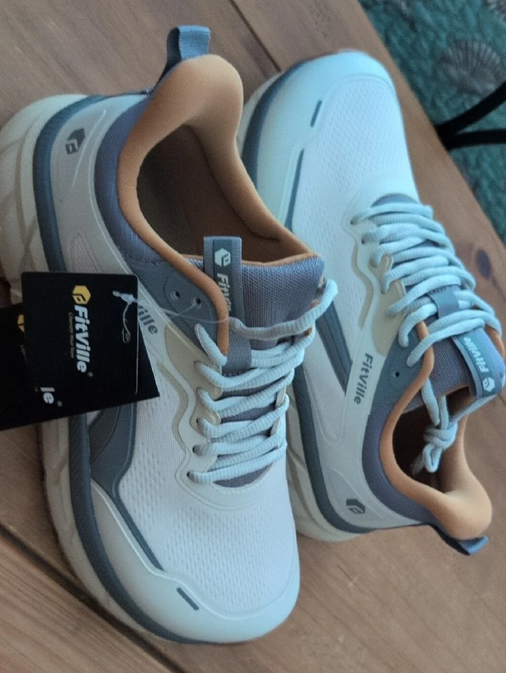 FitVille Men’s White and Gray Casual Sneakers with Tan Accents